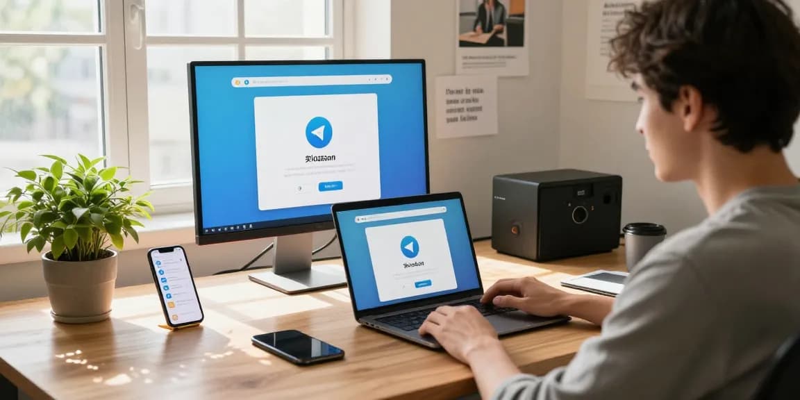 Using Telegram Chinese interface on a laptop in a modern workspace.