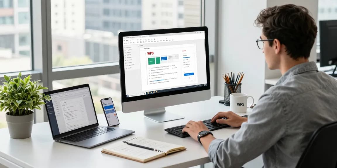 Engaged professional using WPS Office software at a modern workspace showcasing productivity and creativity, highlighting the WPS Official Website.