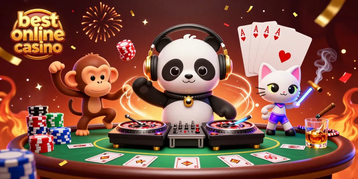Experience the best online casino with a vibrant DJ panda and lively casino elements.