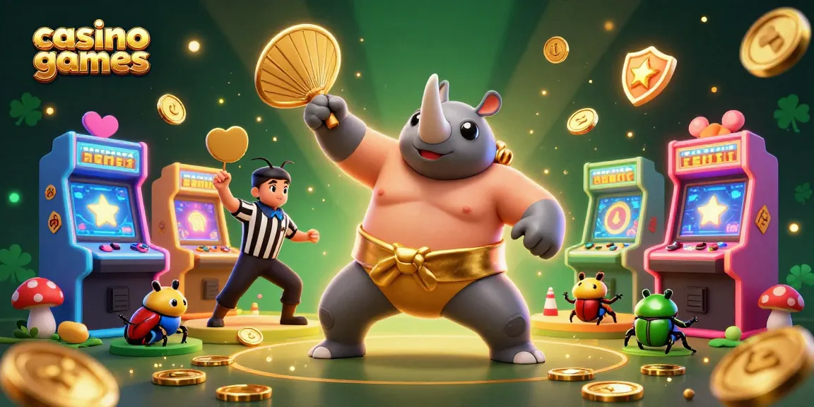 Engage in exciting casino games with a cartoon sumo beetle champion amidst vibrant arcade elements.