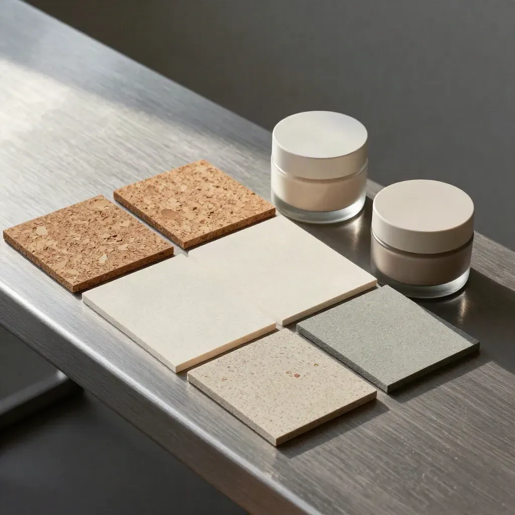 Macro of brand strategy tiles, natural chips, and prototype jars on a pewter workbench.