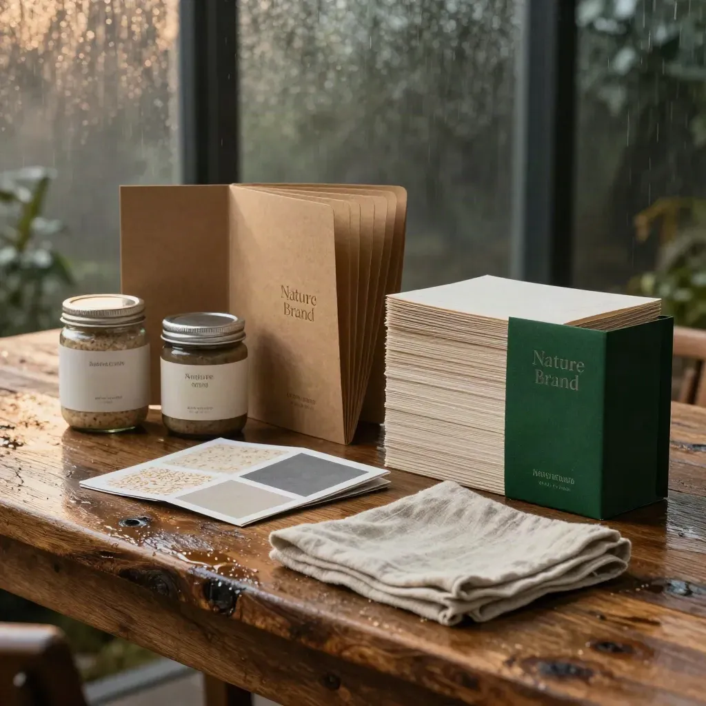 Rain-sheened eco-branding mockups with kraft folders, linen, jars, and oak table