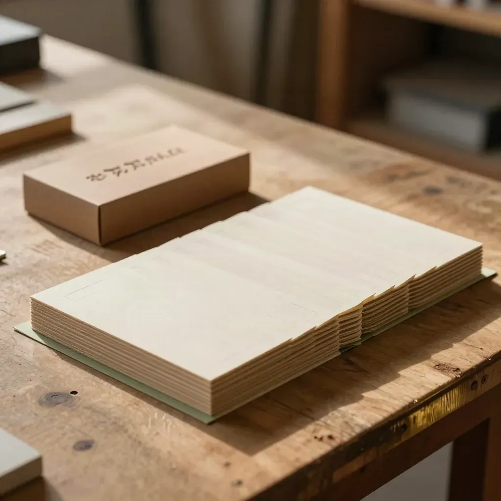 Logo proof boards, box lid, and tiny label studies fanned on a warm studio bench in soft window light.