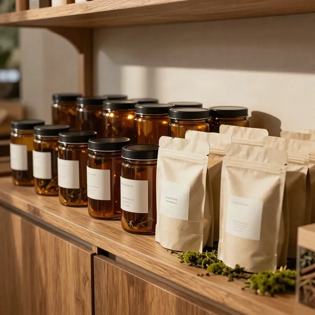 Cedar retail nook with amber tea jars, cream pouches, and opened packing paper in warm window light