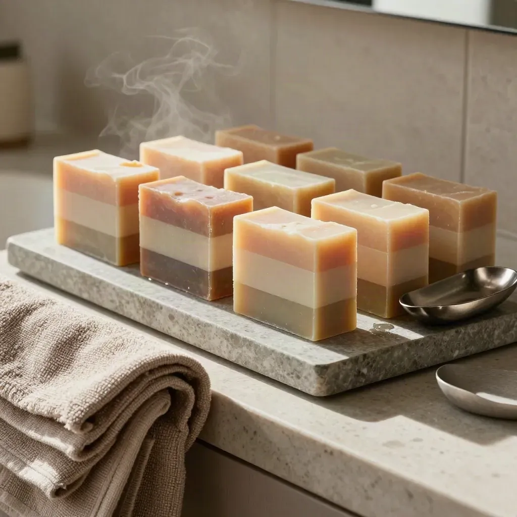 Stacked soap bars and linen towels on a stone tray in soft steam