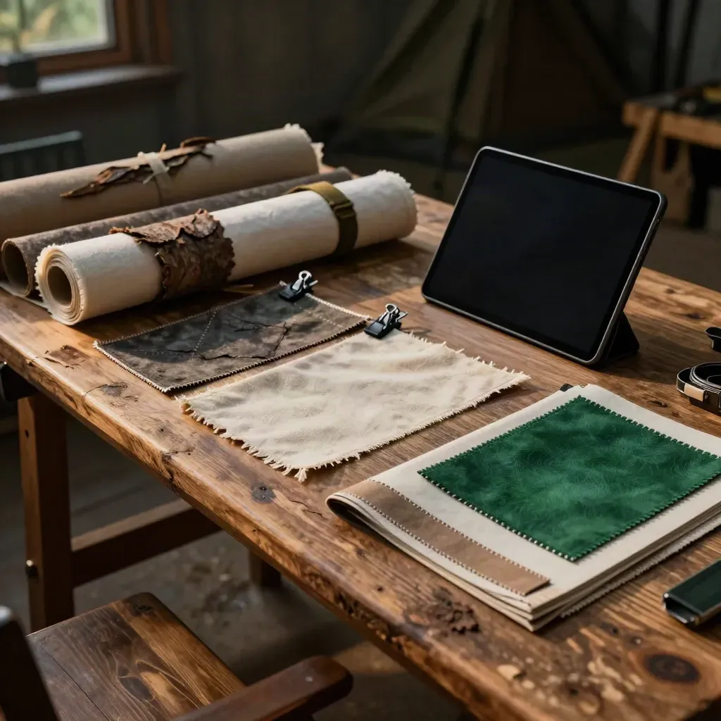 Canvas swatches and a dark tablet on a cedar workbench in moody cabin light.