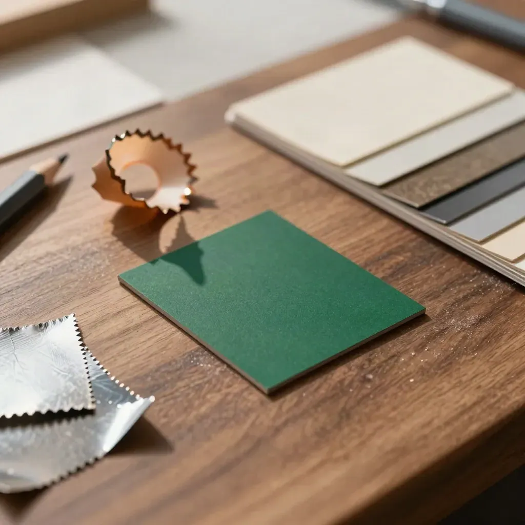 Close-up of colour chips and foil proofs on a walnut proofing table beside a green swatch deck.