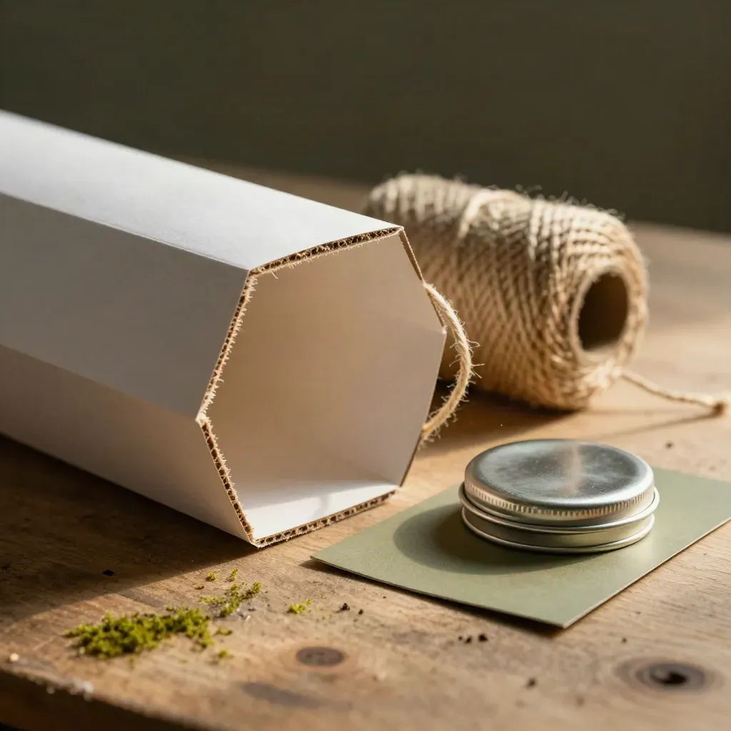 Macro of carton, paper tube, twine and tin lid on a workbench with moss accents.