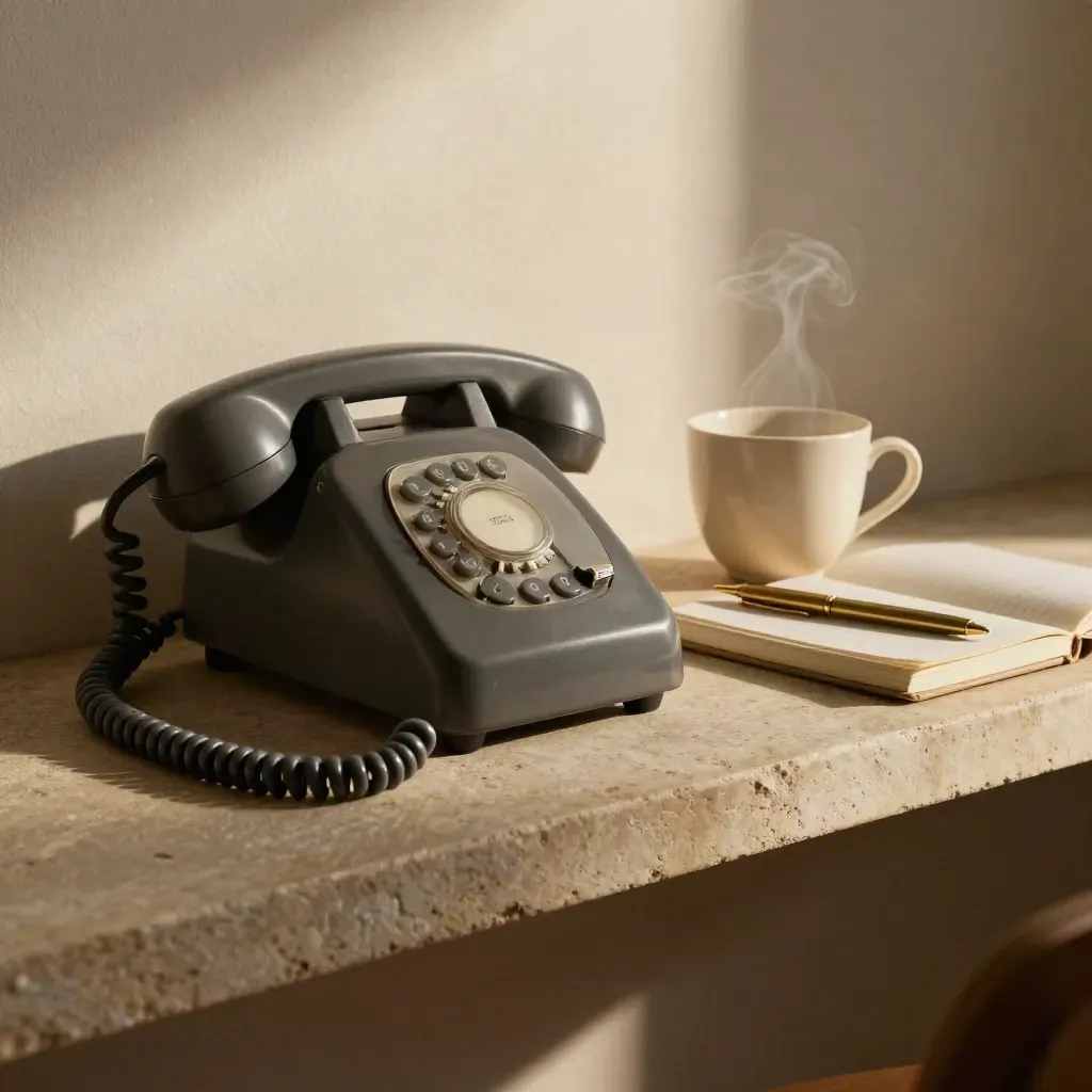 Phone handset, ceramic cup and closed notebook on a stone shelf in warm soft light.