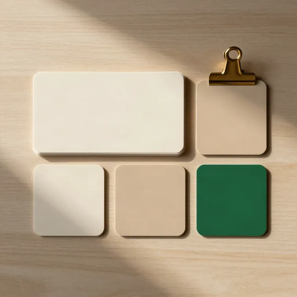 Overhead brand-planning still life with cards, brass clip and sample chips on pale wood.