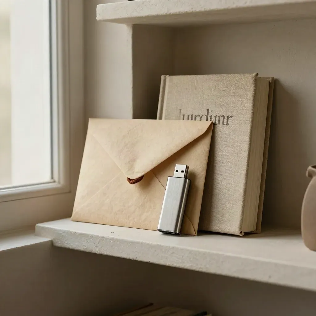 Archival envelope, USB drive, and clothbound brand guide on a plaster shelf