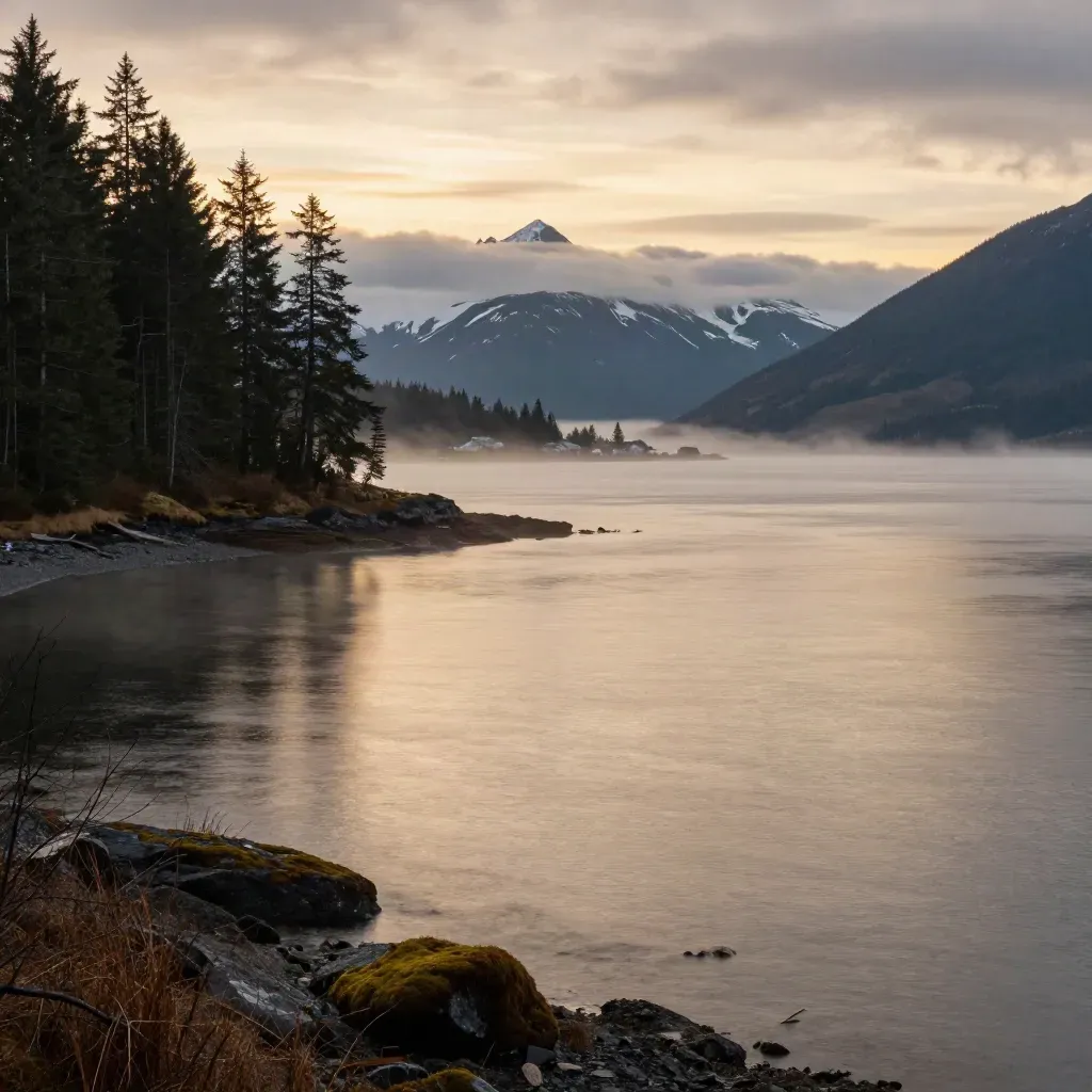 Sunlit British Columbia fjord with cedar shoreline, distant snowline and hazy coastal village at sunset.