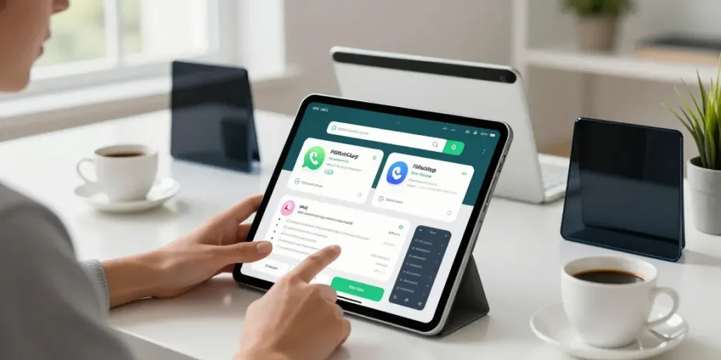 Explore FM WhatsApp APK features on a tablet in a bright workspace