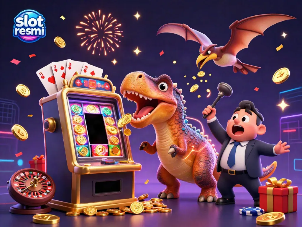 Experience thrilling jackpot wins with slot resmi as a pachycephalosaurus bursts a slot machine in a casino.